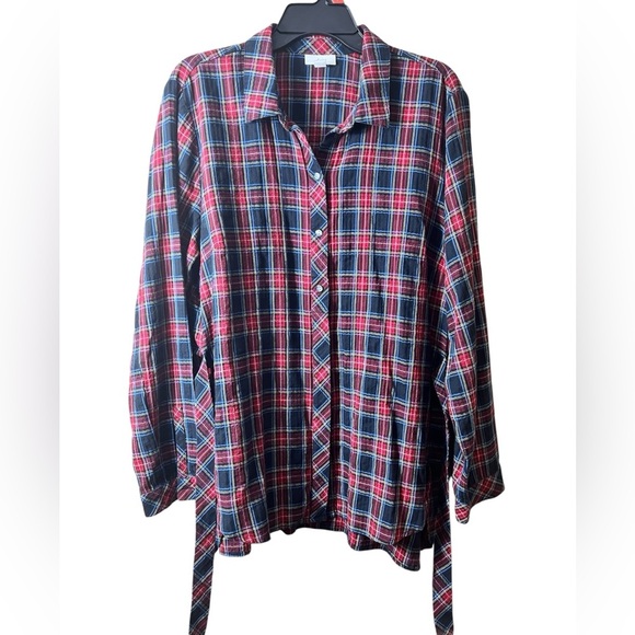 J. Jill Plaid Button Down Long Sleeve Tunic Shirt Tie Waist Large Farmhouse - Picture 2 of 7